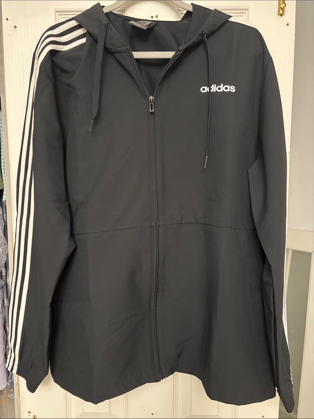 adidas Black Hooded Performance Jacket with White Stripes